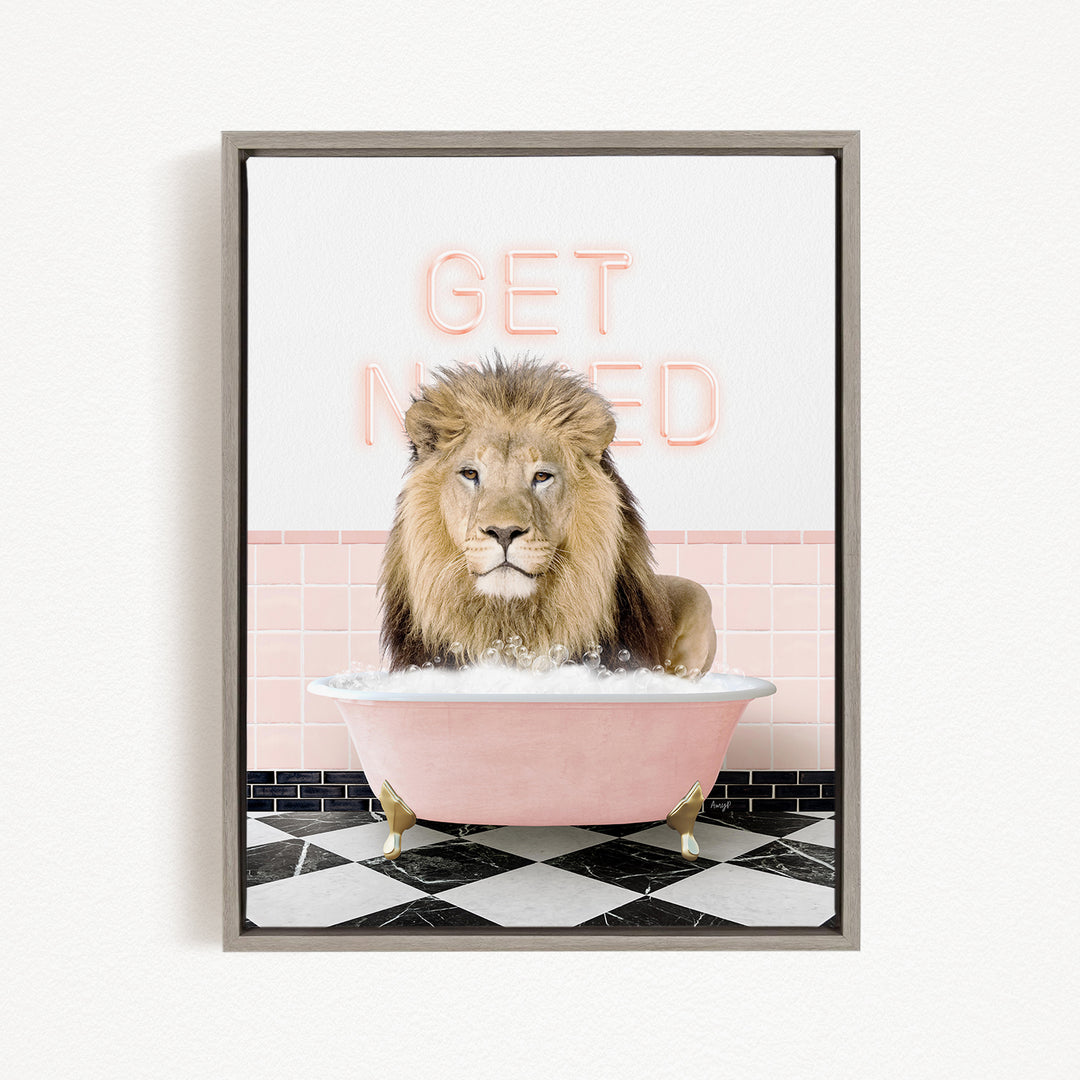 A lion sitting in a pink bathtub with the text "GET NEEDED" written on the wall behind it.