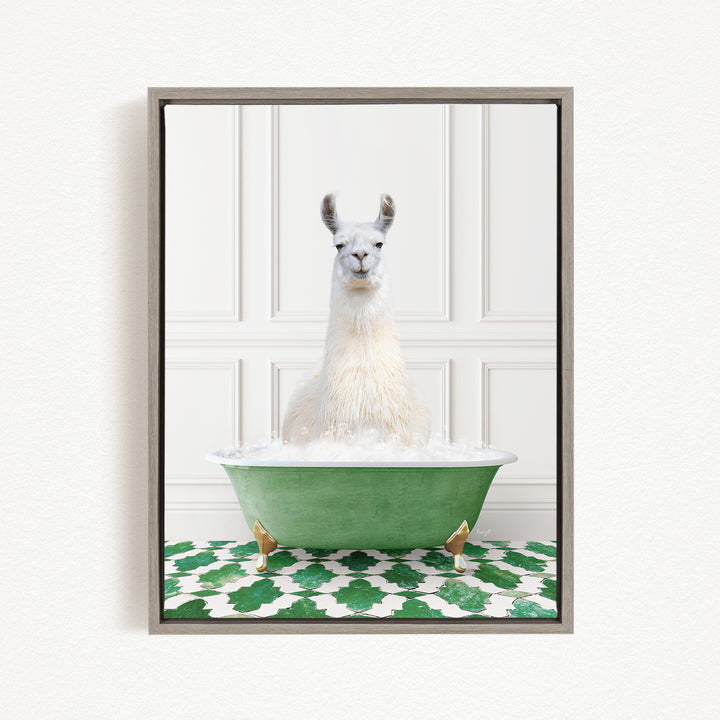 A white llama sitting in a green bathtub filled with bubbles, with a white wall and green and white patterned floor in the background.
