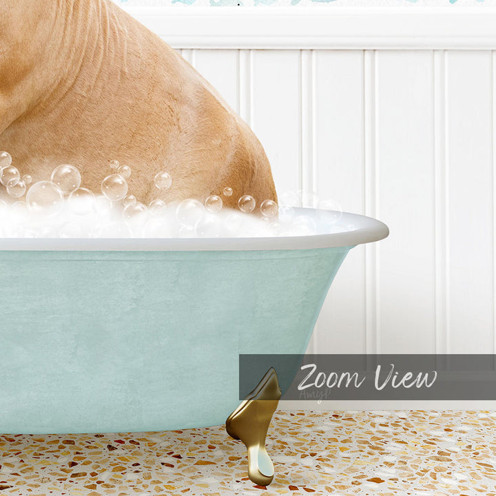 A dog is taking a bath in a blue bathtub filled with bubbles, with a gold bathtub stopper visible.
