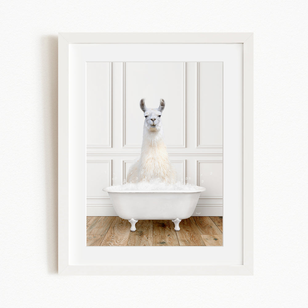 A white llama sitting in a white bathtub filled with bubbles, creating a whimsical and playful scene.