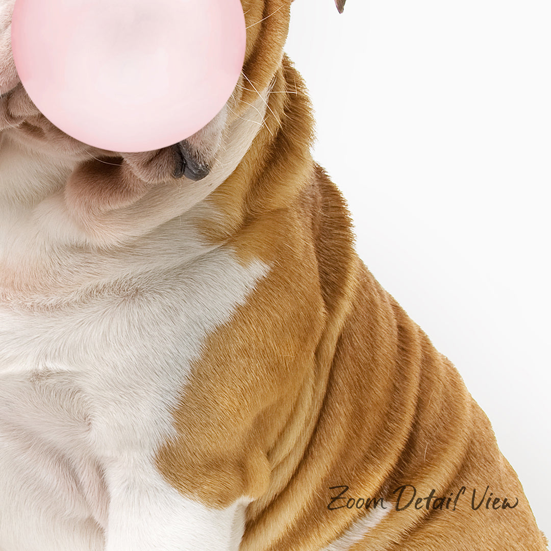 A close-up of a dog's face, with its eyes closed and mouth open, holding a pink bubble gum bubble.