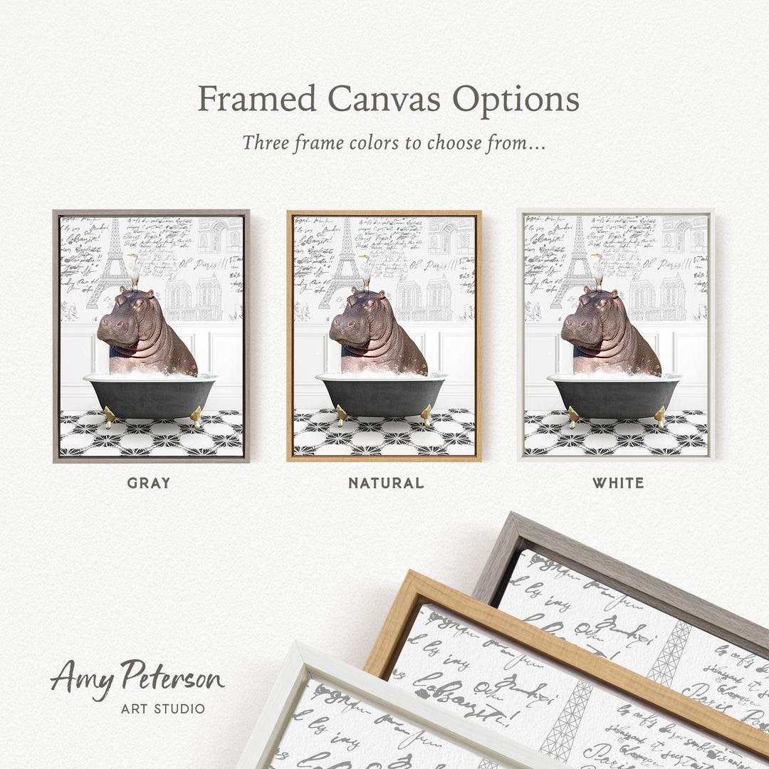 The image is a framed canvas option featuring three different colored frames with a central image of a hippopotamus sitting in a bathtub.
