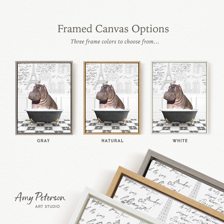 The image is a framed canvas option featuring three different colored frames with a central image of a hippopotamus sitting in a bathtub.