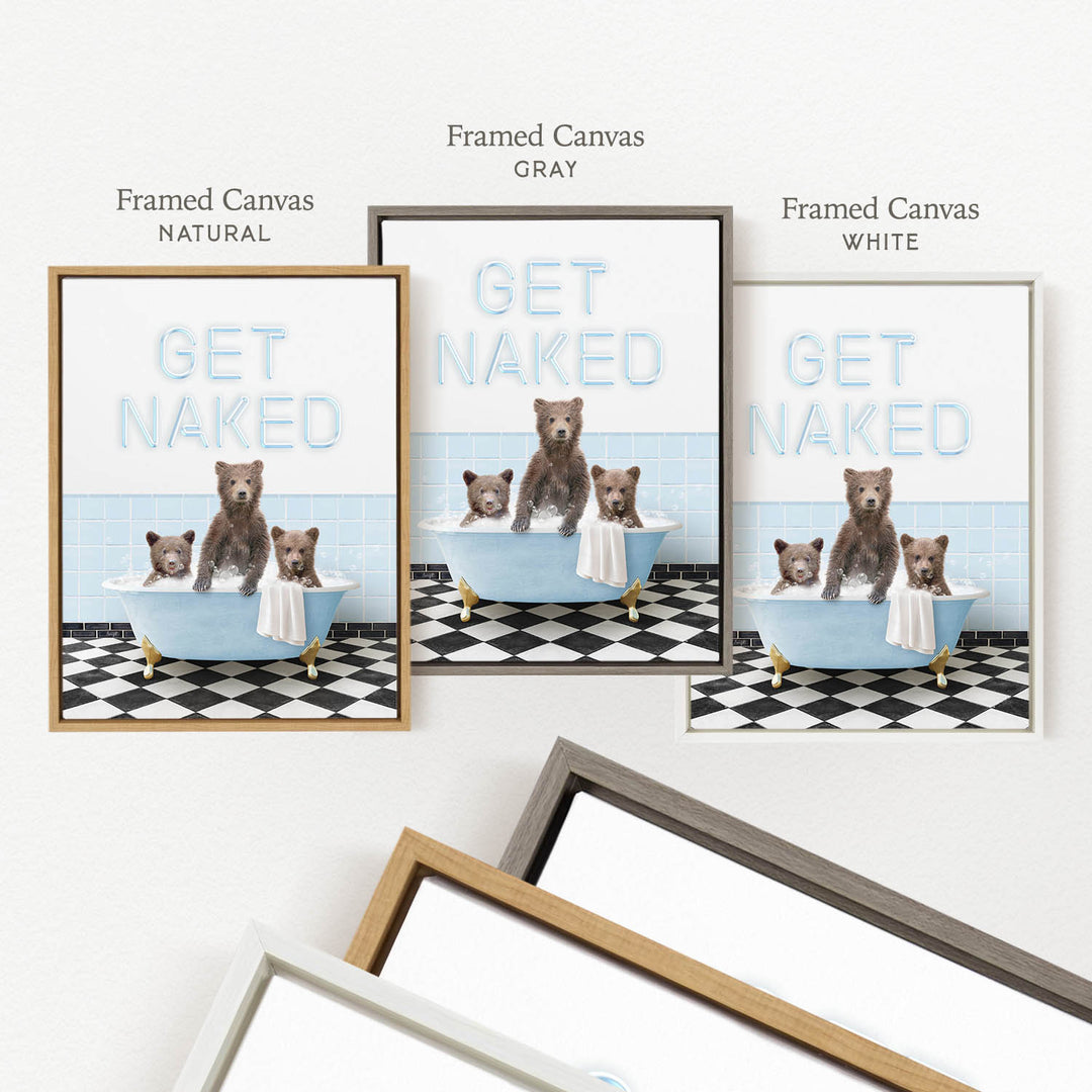 three framed prints of the same artwork, each with a different frame color: natural, gray, and white. The artwork depicts a bear bathtub with three bears sitting inside, and the bears appear to be getting naked.