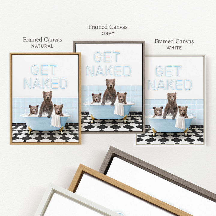 three framed prints of the same artwork, each with a different frame color: natural, gray, and white. The artwork depicts a bear bathtub with three bears sitting inside, and the bears appear to be getting naked.