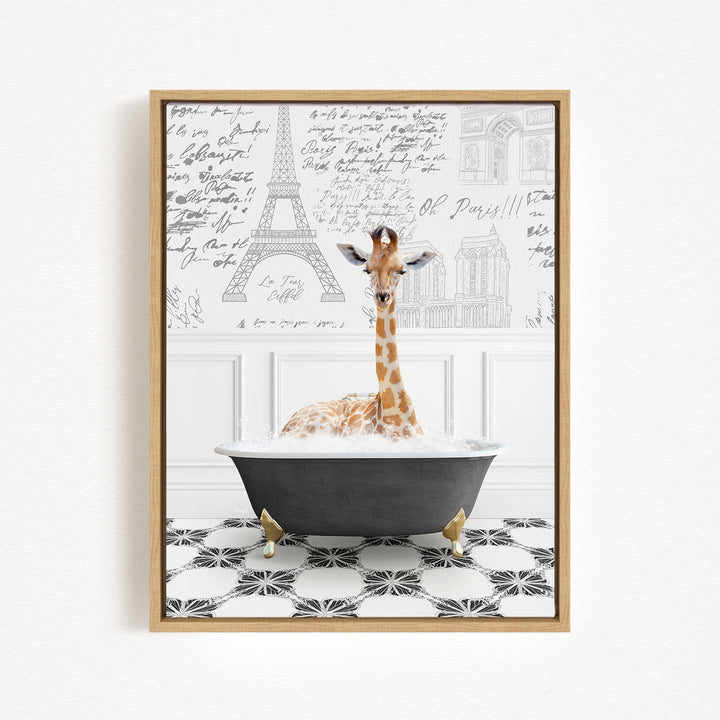 A giraffe sitting in a bathtub filled with bubbles, surrounded by a Paris-themed background with the Eiffel Tower and other landmarks.