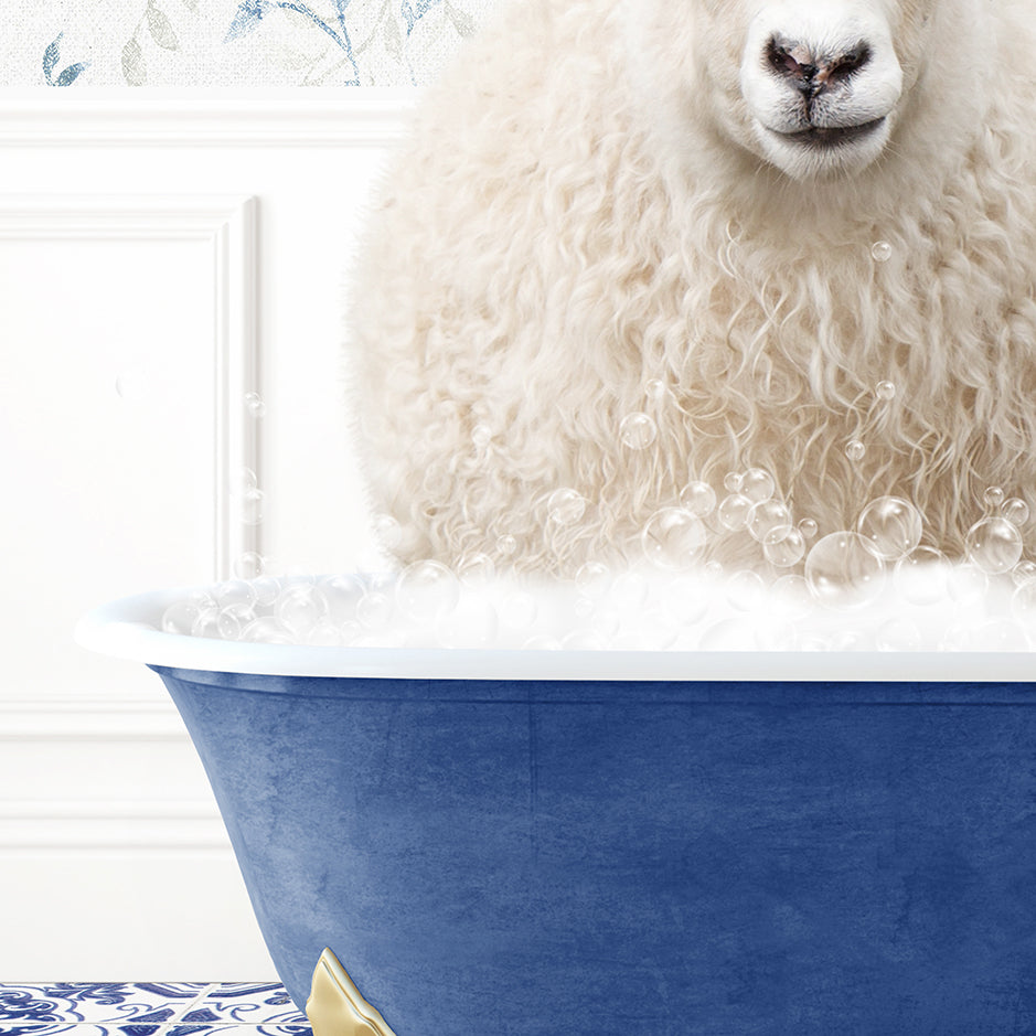 a white sheep sitting in a blue bath tub