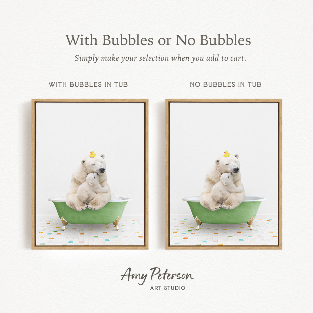 The image is a collage of two pictures, each featuring a polar bear and a baby bear sitting in a bathtub. The polar bear is sitting on the left side of the bathtub, while the baby bear is sitting on the right side. The polar bear has a yellow rubber duck on its head, and the baby bear has a yellow rubber duck on its head as well. The bathtub is green and has a gold rim. The image does not contain any text.