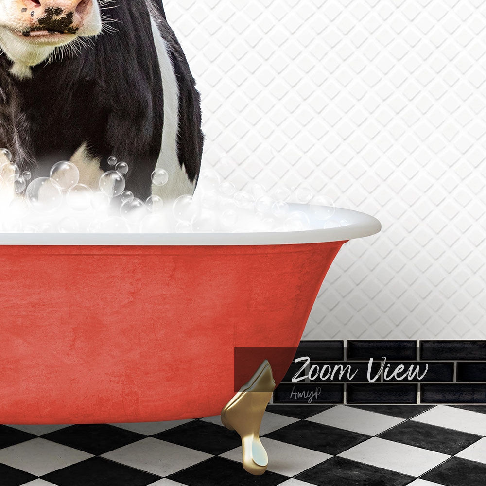 A black and white cow is standing in a red bathtub filled with bubbles, with a black and white checkered floor and a tile wall in the background.