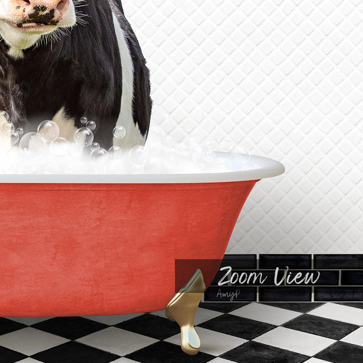 A black and white cow is standing in a red bathtub filled with bubbles, with a black and white checkered floor and a tile wall in the background.