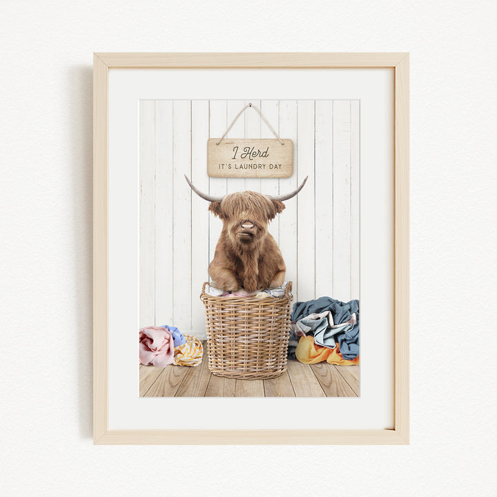 A framed image of a Highland cow sitting in a wicker basket, with a sign above it that says "It's laundry day".
