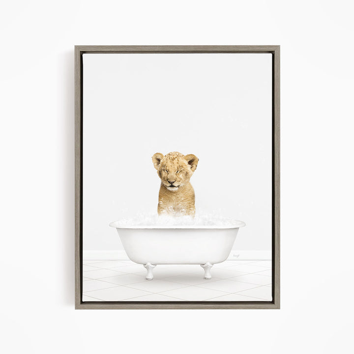 A young lion cub sitting in a white bathtub filled with water, looking up at the camera.