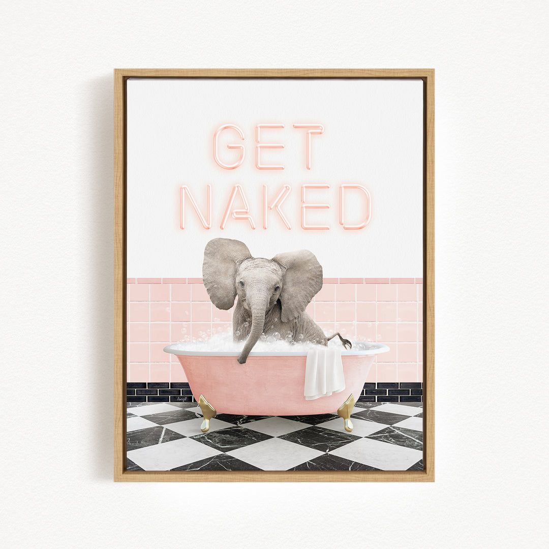 A framed image depicting an elephant sitting in a pink bathtub, with the text "GET NAKED" displayed above it.