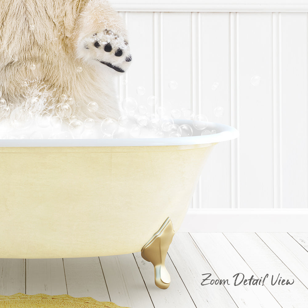 A polar bear is standing in a bathtub filled with bubbles, enjoying a relaxing bath.