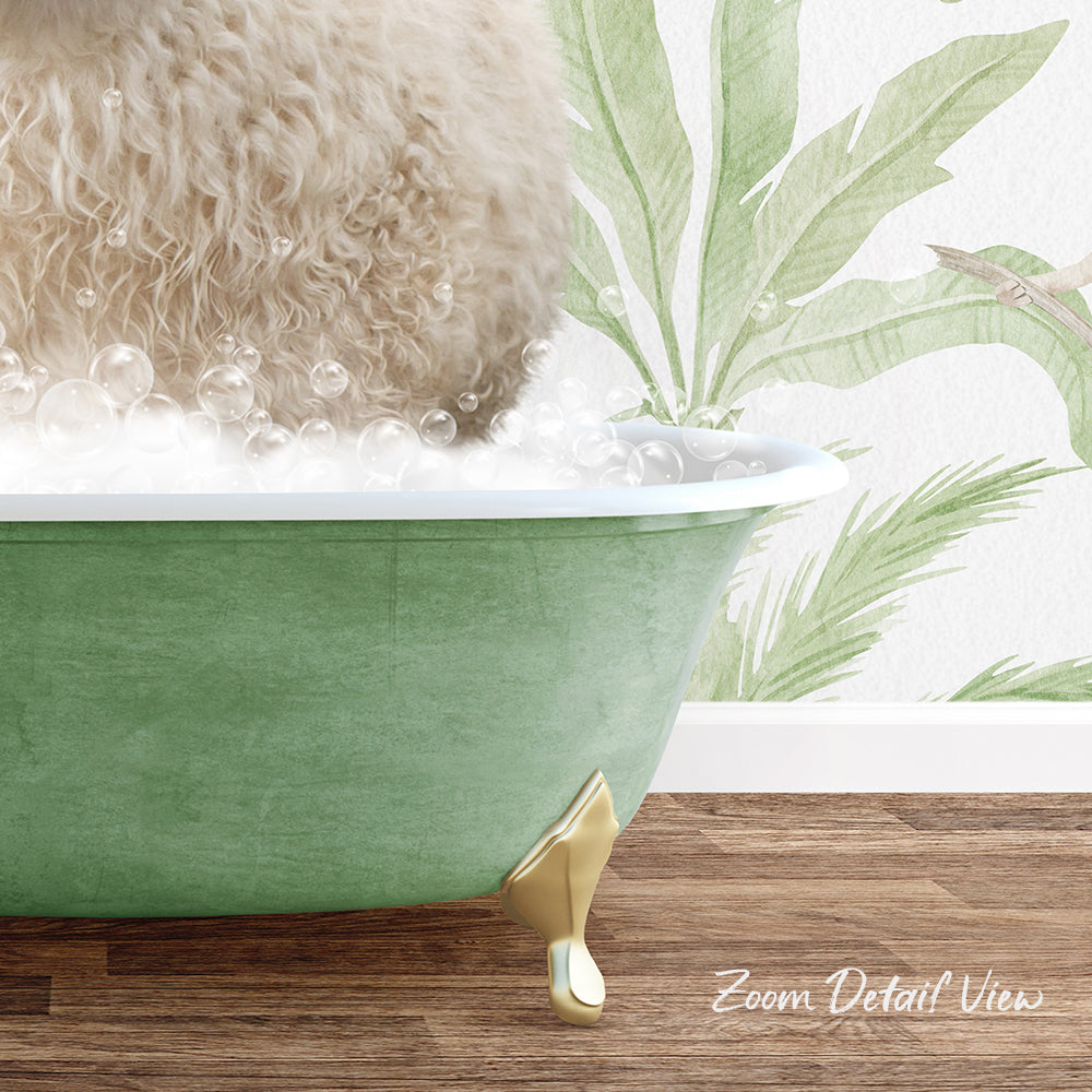 A fluffy white dog is sitting in a green bathtub filled with bubbles, with a tropical plant wallpaper in the background.