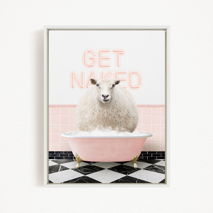 A fluffy white sheep sitting in a pink bathtub, with the words "GET NAKED" written in neon pink letters above it.