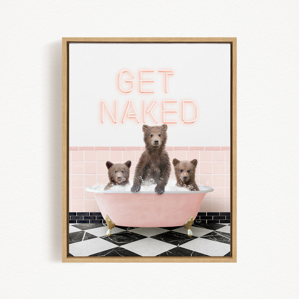 A framed image depicting three bears sitting in a pink bathtub, with the text "GET NAKED" displayed above them.