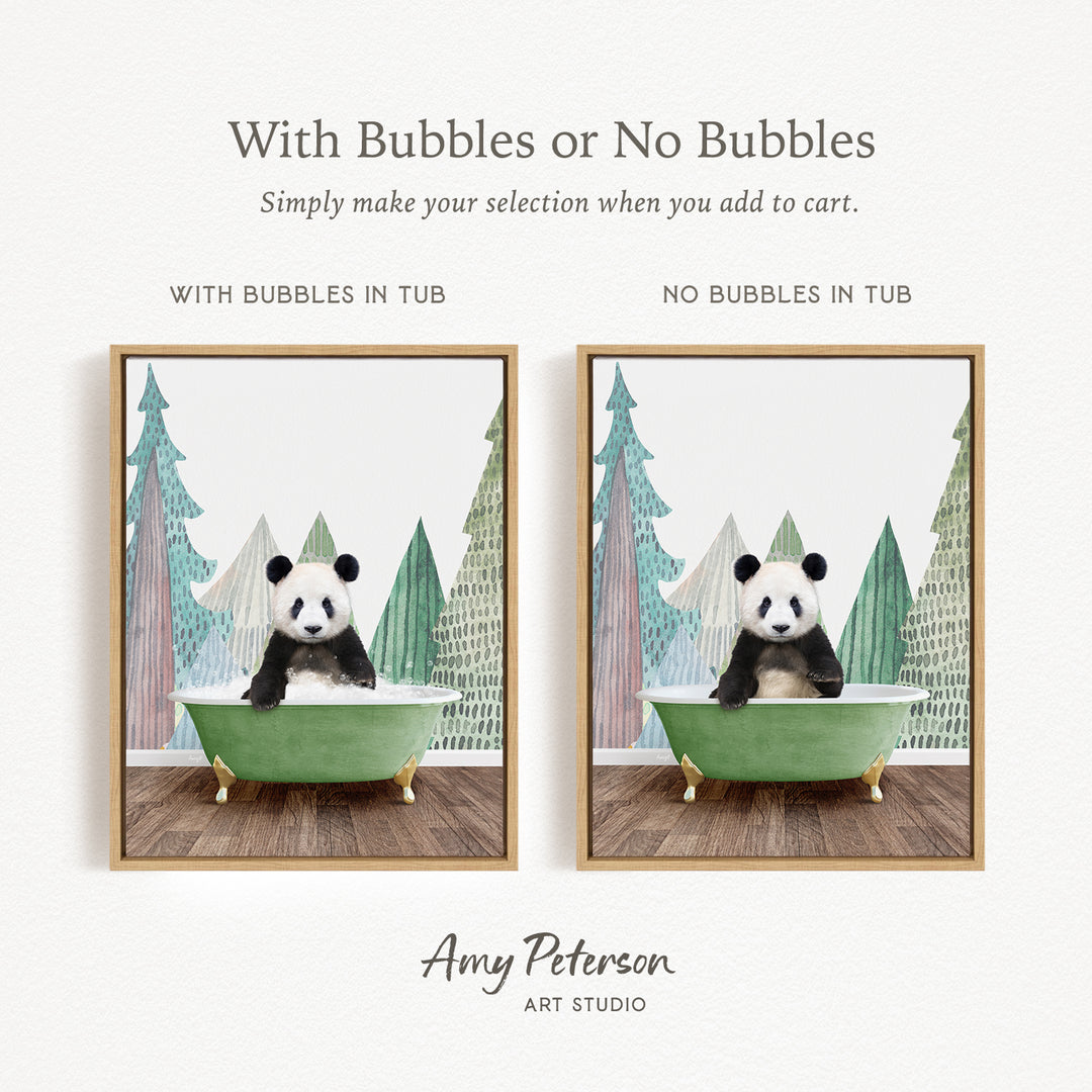 The image is a collage of two pictures featuring a panda bear sitting in a green bathtub. The panda bear is sitting on a wooden floor, and the background of each picture has a forest scene. The text above the images reads "With Bubbles or No Bubbles" and "Simply make your selection when you add to cart."