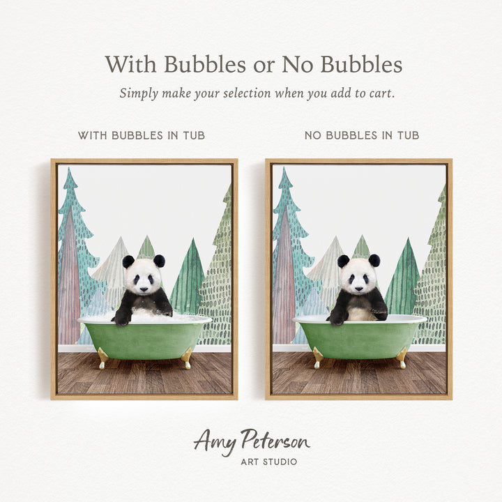 The image is a collage of two pictures featuring a panda bear sitting in a green bathtub. The panda bear is sitting on a wooden floor, and the background of each picture has a forest scene. The text above the images reads "With Bubbles or No Bubbles" and "Simply make your selection when you add to cart."