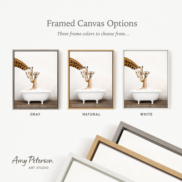 three framed canvas options, each featuring a giraffe in a bathtub. The options include a gray frame, a natural frame, and a white frame. The text above the images reads " Framed Canvas Options" and "Three frame colors to choose from...".