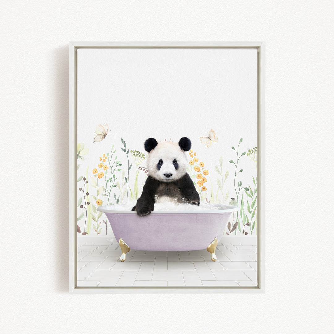 A panda bear sitting in a bathtub filled with bubbles, surrounded by flowers and butterflies.