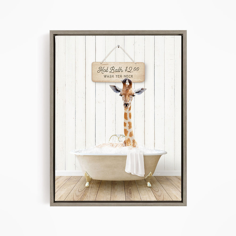 A giraffe standing in a bathtub, with a sign above it that reads "Hot Bath $2.00 WASH YER NECK".