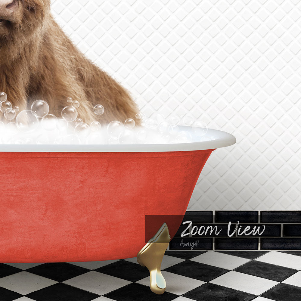 A brown bear is sitting in a red bathtub filled with bubbles, with a black and white checkered floor and a tile wall in the background.
