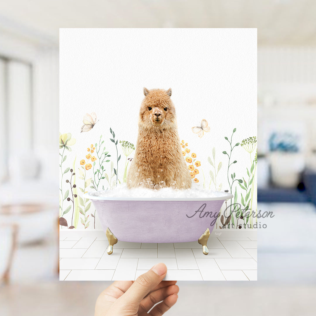 a person holding a card with a dog in a bathtub