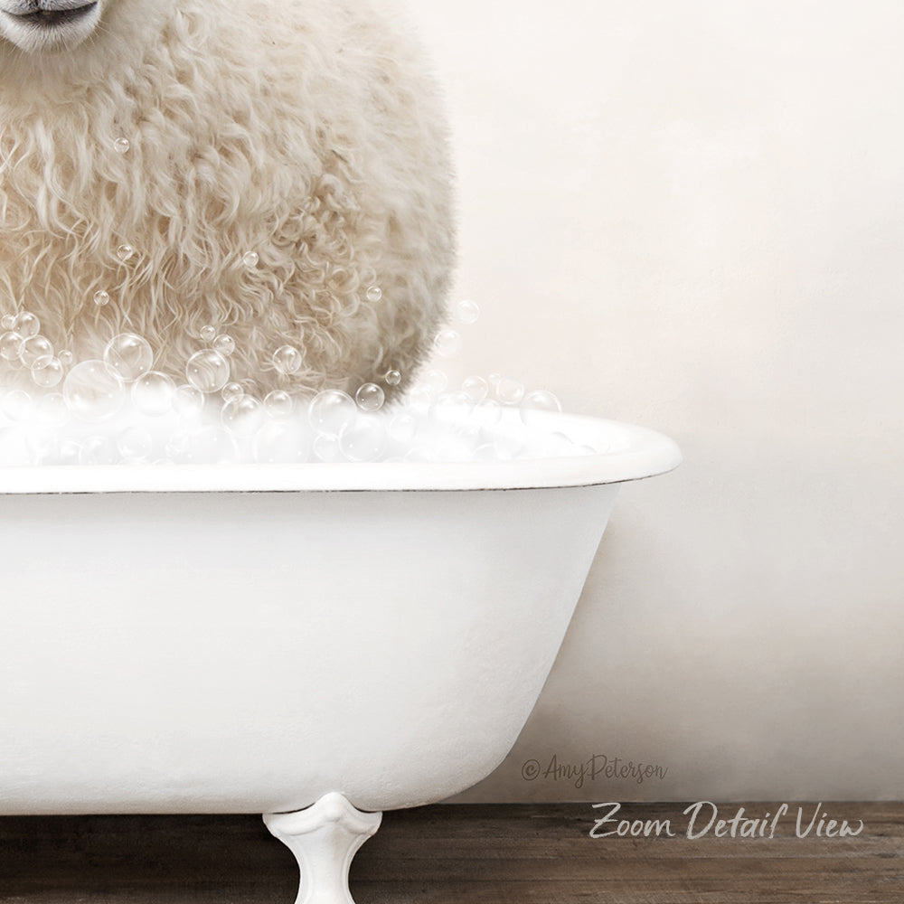 A fluffy white sheep is sitting in a white bathtub filled with bubbles, creating a whimsical and playful scene.