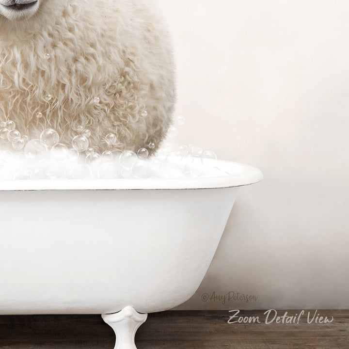 A fluffy white sheep is sitting in a white bathtub filled with bubbles, creating a whimsical and playful scene.