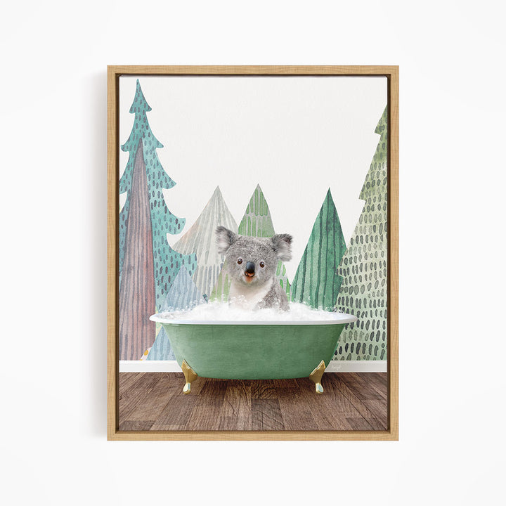 A koala bear sitting in a green bathtub, surrounded by a forest scene with trees and a snowy landscape.