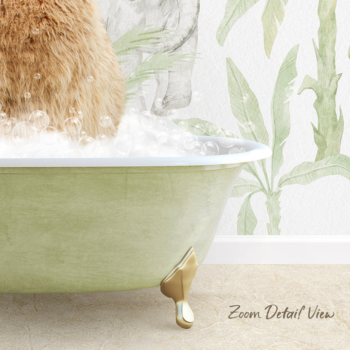 A cat sitting in a green bathtub filled with bubbles, with a tropical plant wallpaper in the background.