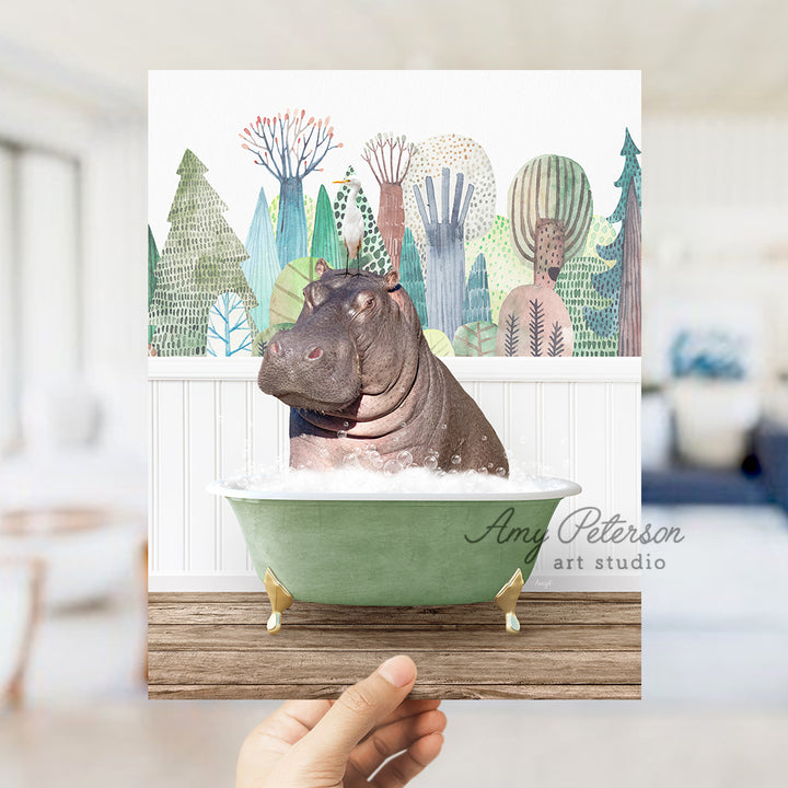 a hippo in a bathtub with a cactus background