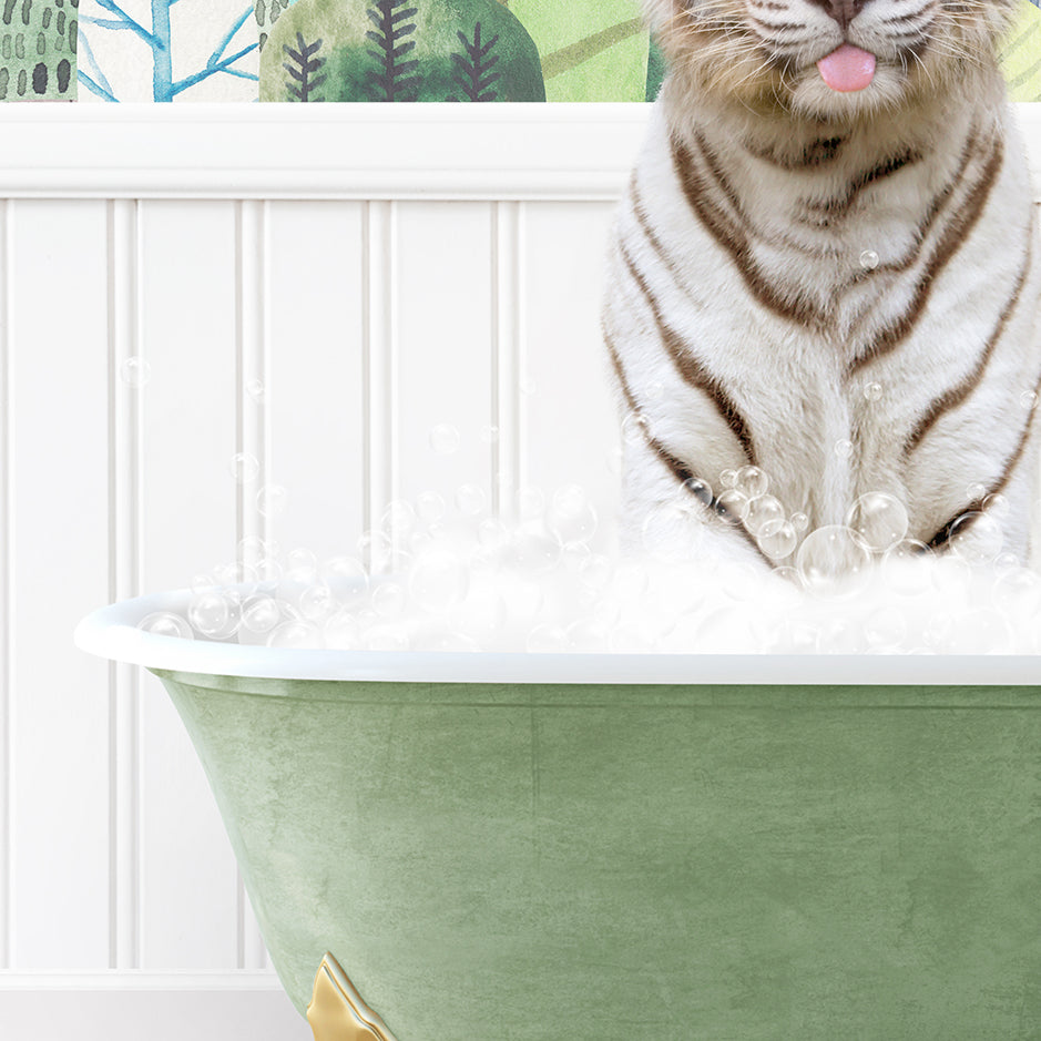 a tiger sitting in a bathtub with foam on it