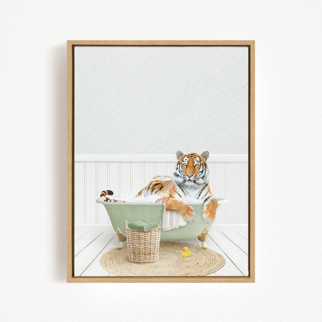 A tiger is sitting in a green bathtub, surrounded by a basket of toys and a yellow rubber duck, creating a whimsical and playful scene.