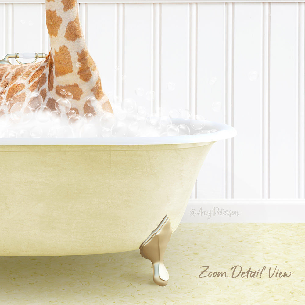 A giraffe standing in a bathtub filled with bubbles, with a white wall and text overlay in the image.