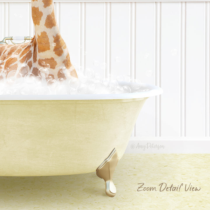 A giraffe standing in a bathtub filled with bubbles, with a white wall and text overlay in the image.