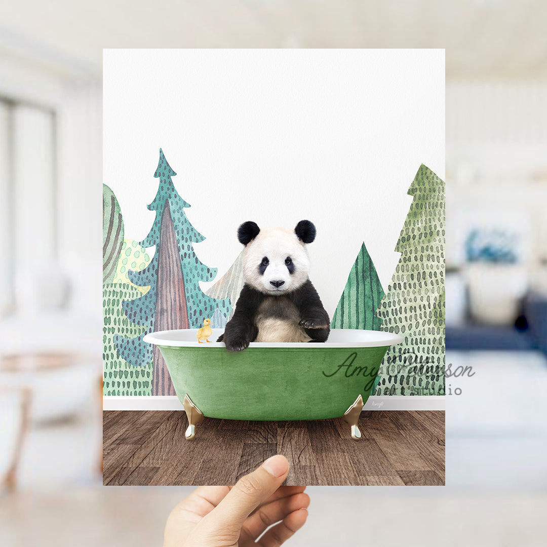 a panda bear sitting in a green bath tub