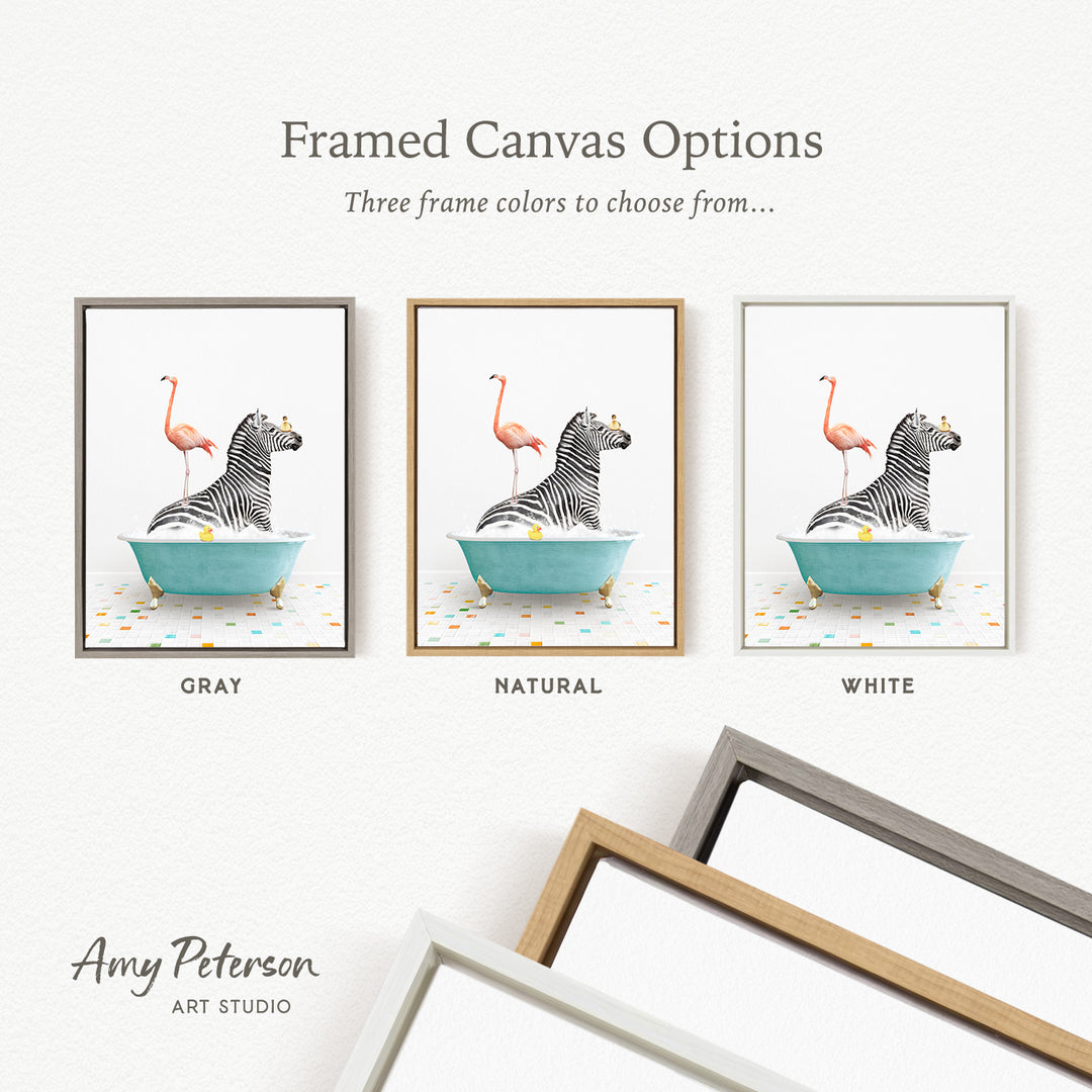 three framed canvas options featuring a zebra and a flamingo in a bathtub, with three different frame colors to choose from: gray, natural, and white.