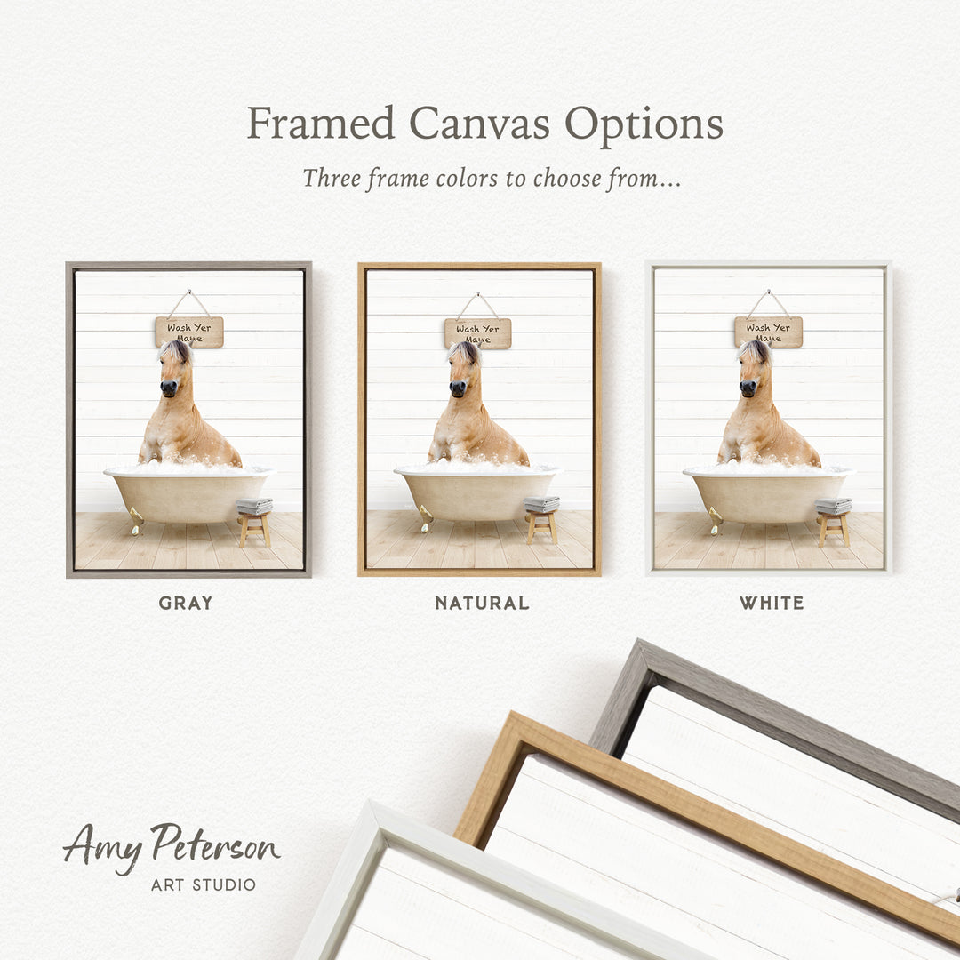 three framed canvas options, each featuring a dog sitting in a bathtub. The options include a gray frame, a natural frame, and a white frame. The text above the images reads " framed Canvas Options" and "Three frame colors to choose from...".