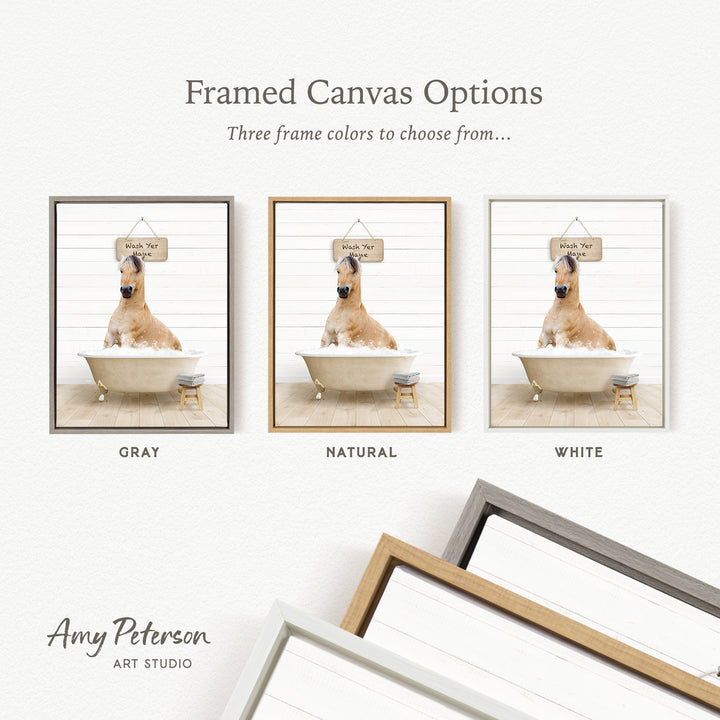 three framed canvas options, each featuring a dog sitting in a bathtub. The options include a gray frame, a natural frame, and a white frame. The text above the images reads " framed Canvas Options" and "Three frame colors to choose from...".