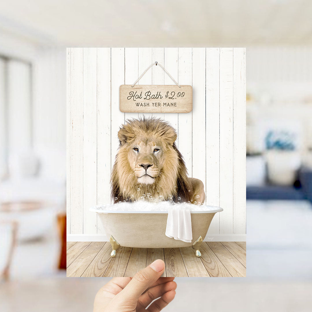 A hand holding a framed image of a lion sitting in a bathtub, with a sign above it that says "Hot Bath $2.00 WASH YER MANE".