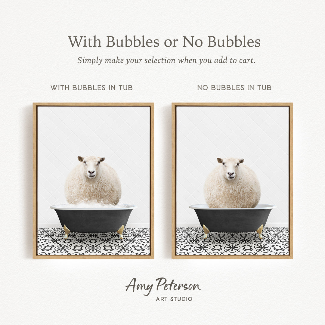 The image is a collage of two framed pictures, each featuring a white sheep in a bathtub. The text above the images reads "With Bubbles or No Bubbles" and below the images, it says "Simply make your selection when you add to cart."
