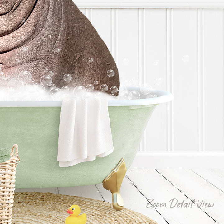 A bathtub filled with bubbles, with a rubber duck sitting in it.