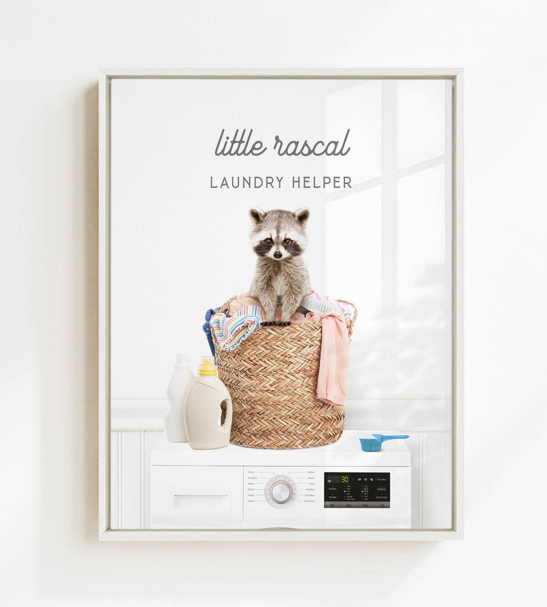 A raccoon sitting on a laundry basket filled with clothes and detergent, with a washing machine and other laundry-related items in the background.