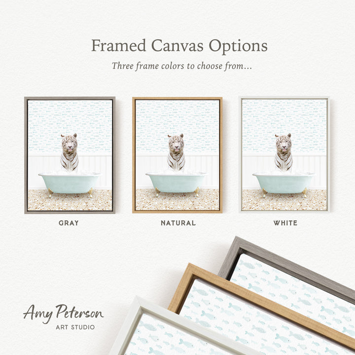 three framed canvas options, each featuring a different color: gray, natural, and white. The text above the images reads " Framed Canvas Options" and "Three frame colors to choose from...". The bottom of the image includes the text " Amy Peterson ART STUDIO".