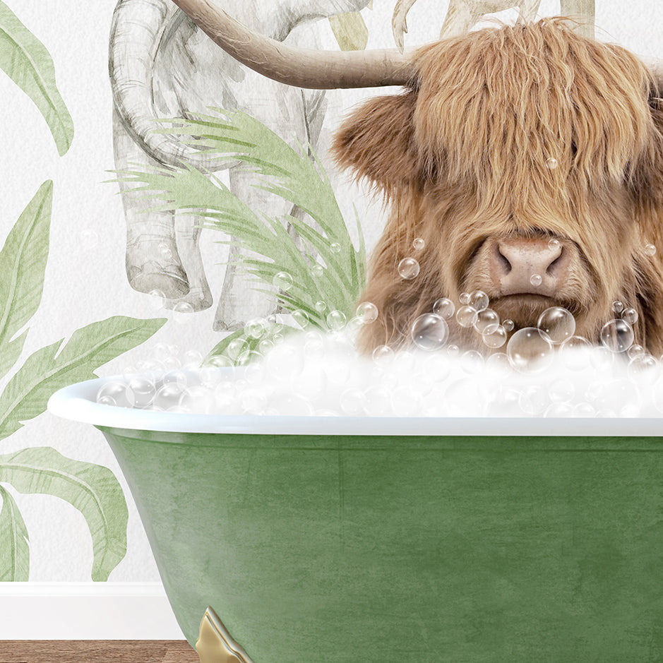 a brown cow sitting in a bath tub filled with bubbles