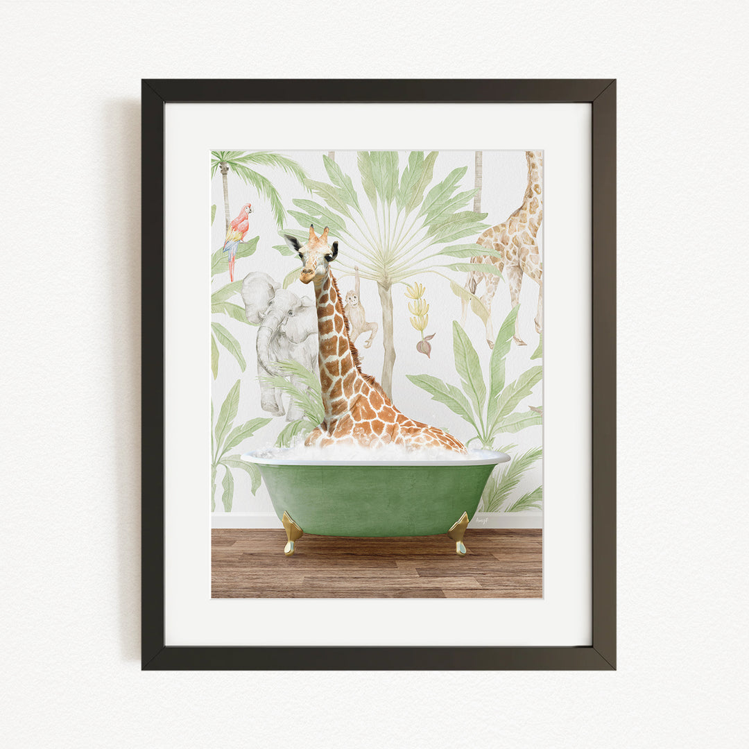 A giraffe sitting in a green bathtub, surrounded by tropical foliage, is the central focus of the framed artwork.