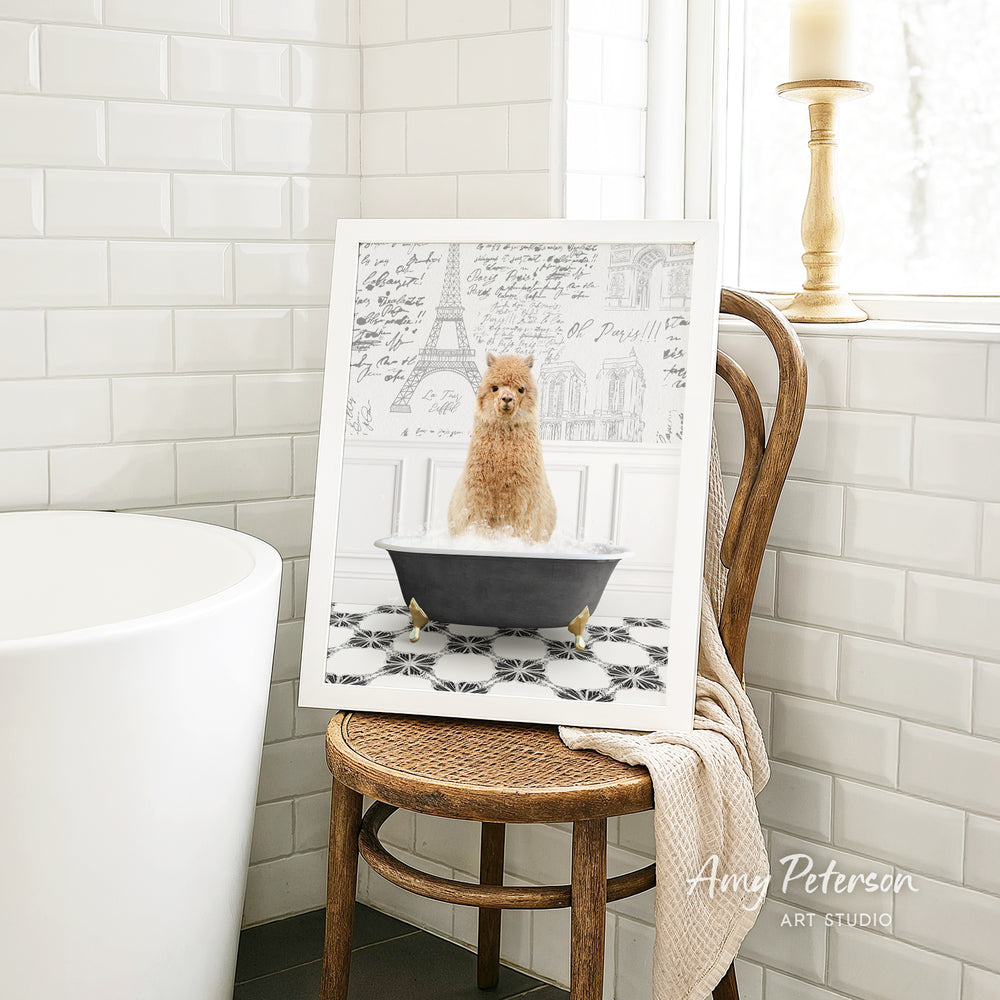 A framed image of a dog sitting in a bathtub, surrounded by a tiled bathroom setting.