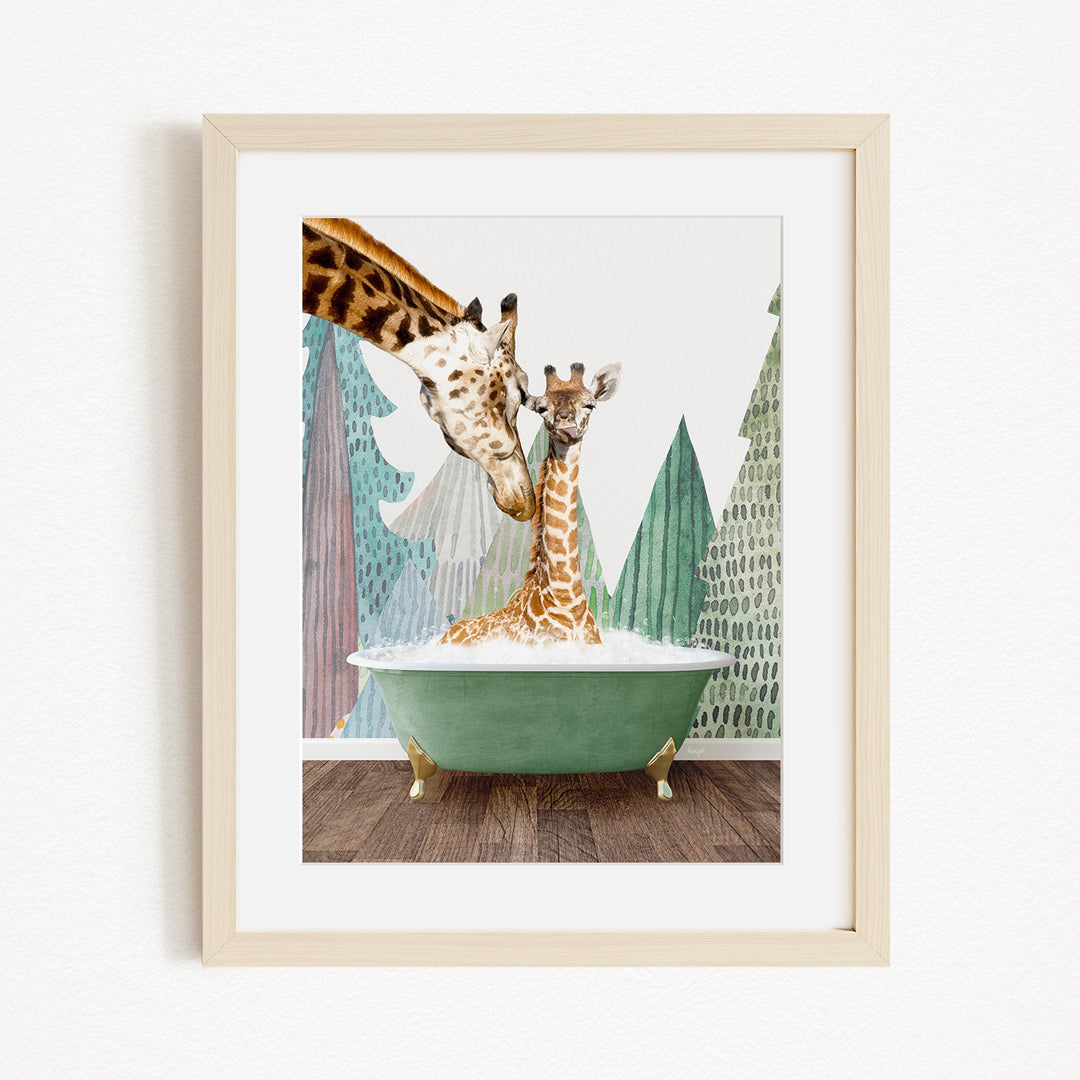 A mother giraffe and her baby giraffe are sitting together in a green bathtub, with the mother gently licking her baby.
